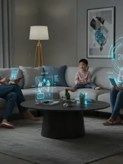 Futuristic family interacting with AI assistants in a smart home setting 2026
