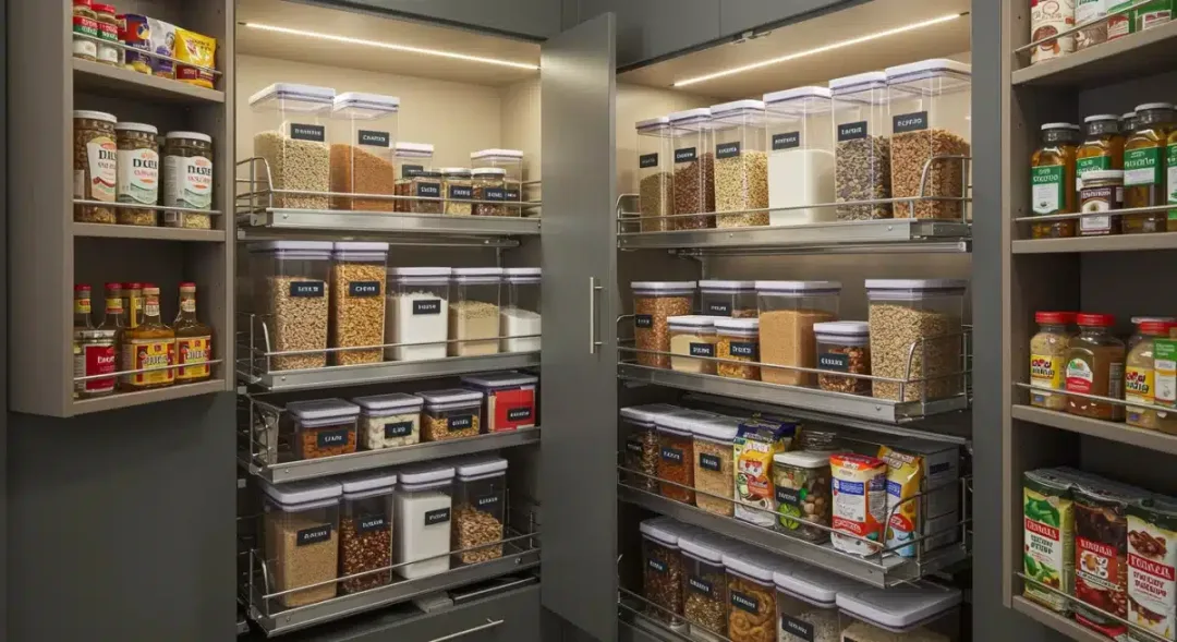 Efficient kitchen pantry with clear storage containers