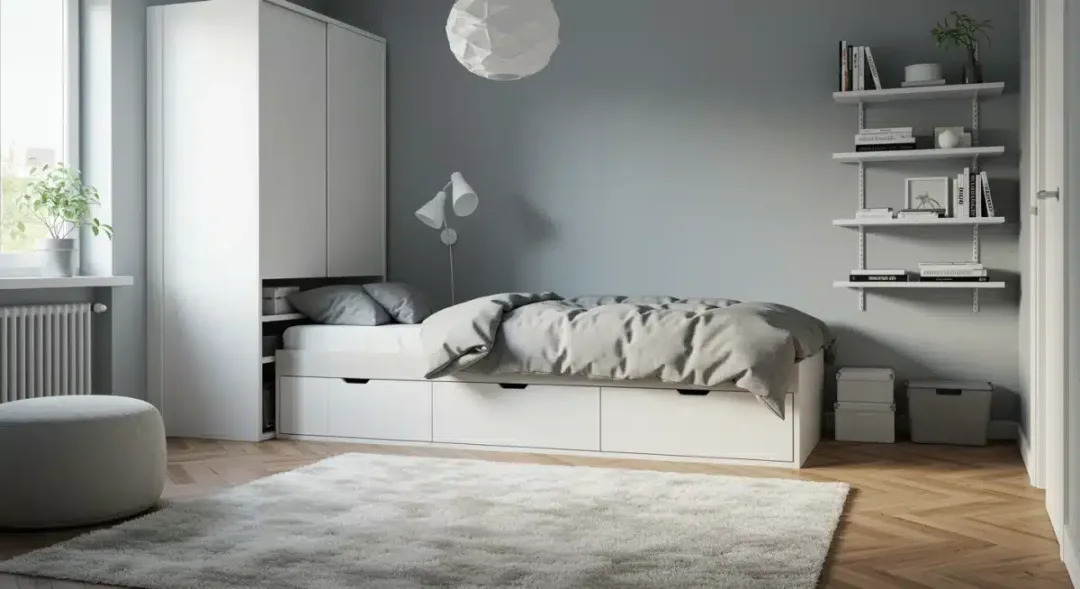 Bedroom with integrated under-bed and closet storage