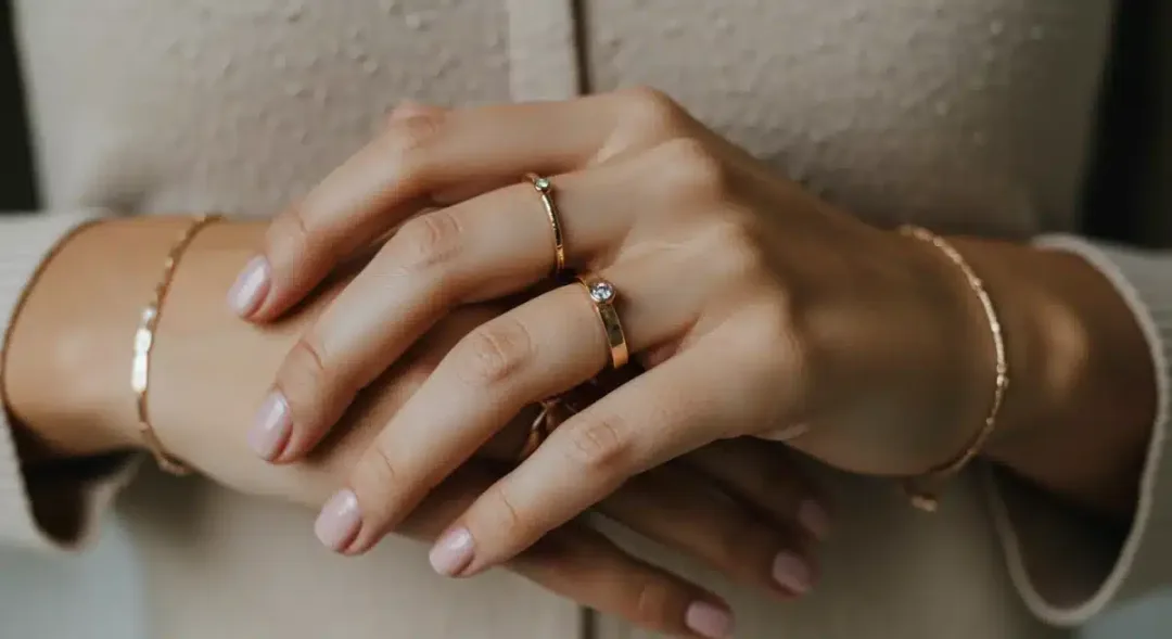 Close-up of layered minimalist jewelry and smart ring for outfit elevation