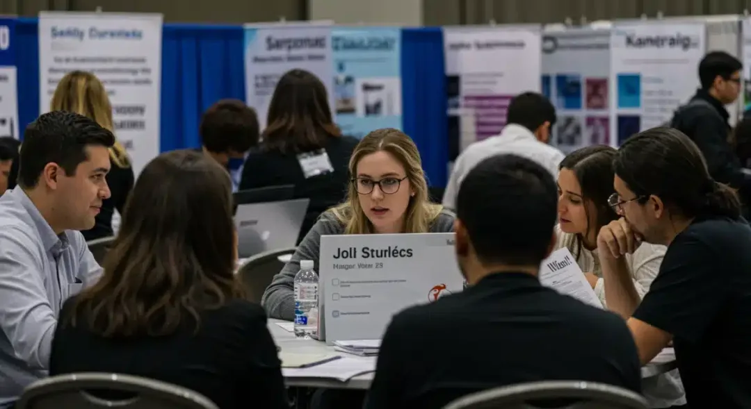 Job fair attendees engaging with recruiters.