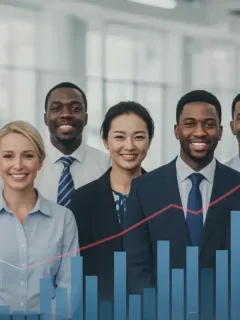 Optimistic American workers with a declining unemployment rate graph.