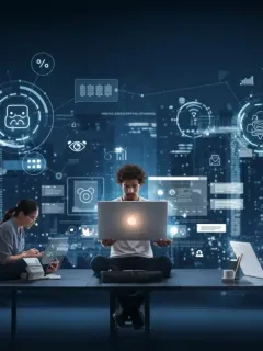 Futuristic remote work setup with glowing tech tools and collaborative team