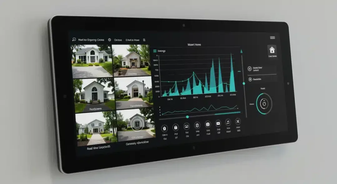 Smart home control panel showing energy and security features