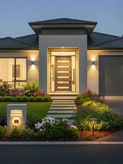 Modern home exterior with enhanced curb appeal and smart lighting