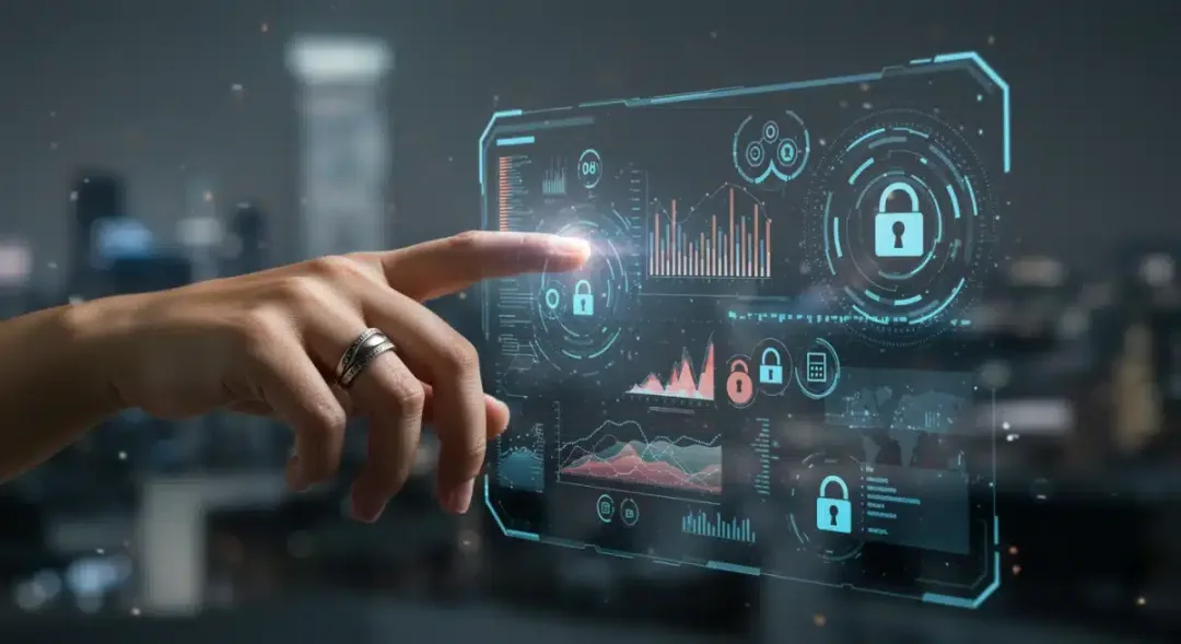 User managing cybersecurity settings on a holographic interface
