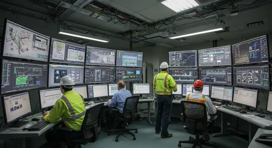 Engineers monitoring smart grid and digital infrastructure projects