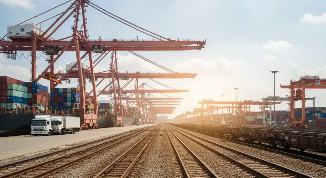 Port activity with container ships and cranes, illustrating supply chain jobs