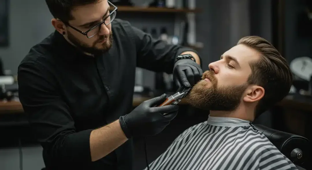 Barber meticulously trimming a man's beard with professional tools
