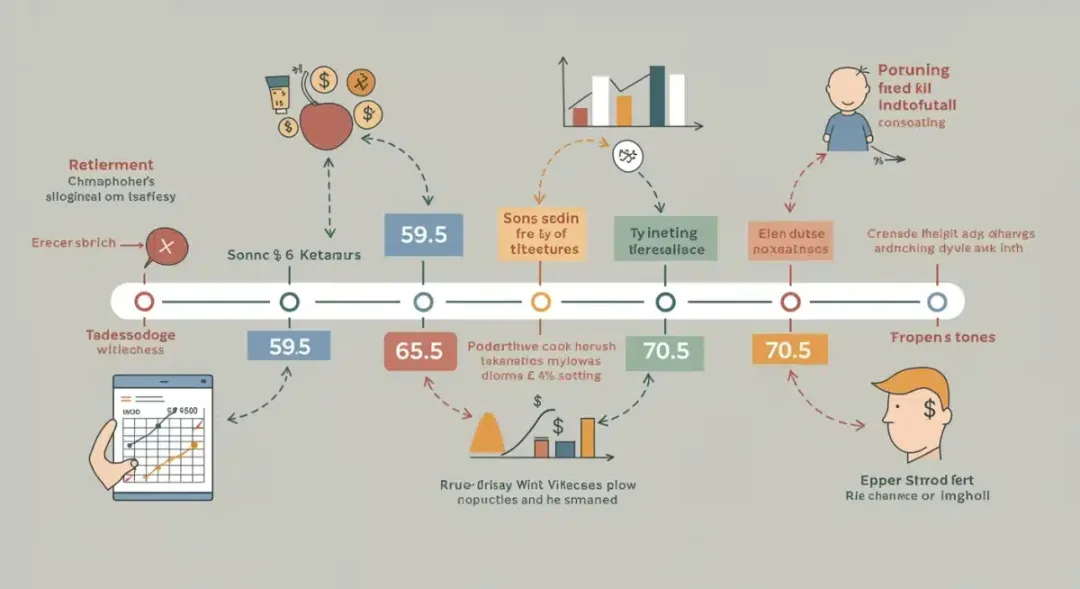 Timeline illustrating important ages for retirement account withdrawals and RMDs.