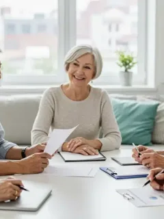 Group of retirees discussing financial planning documents.