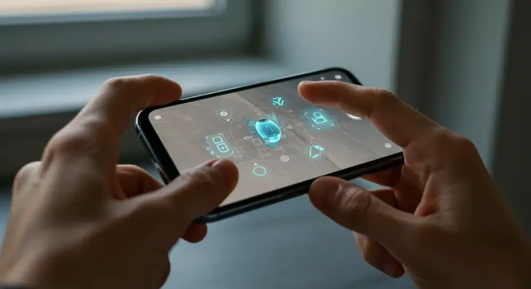 User experiencing iPhone 18's innovative augmented reality AI features.