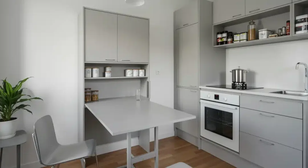 Compact kitchen with collapsible dining table and modular storage