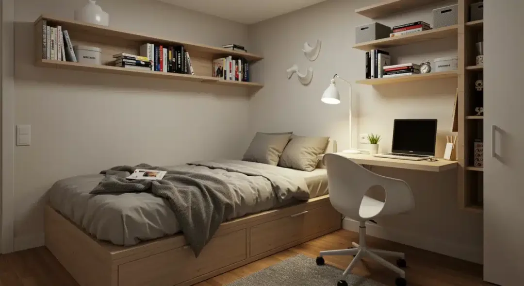 Tiny bedroom with platform bed storage and floating desk