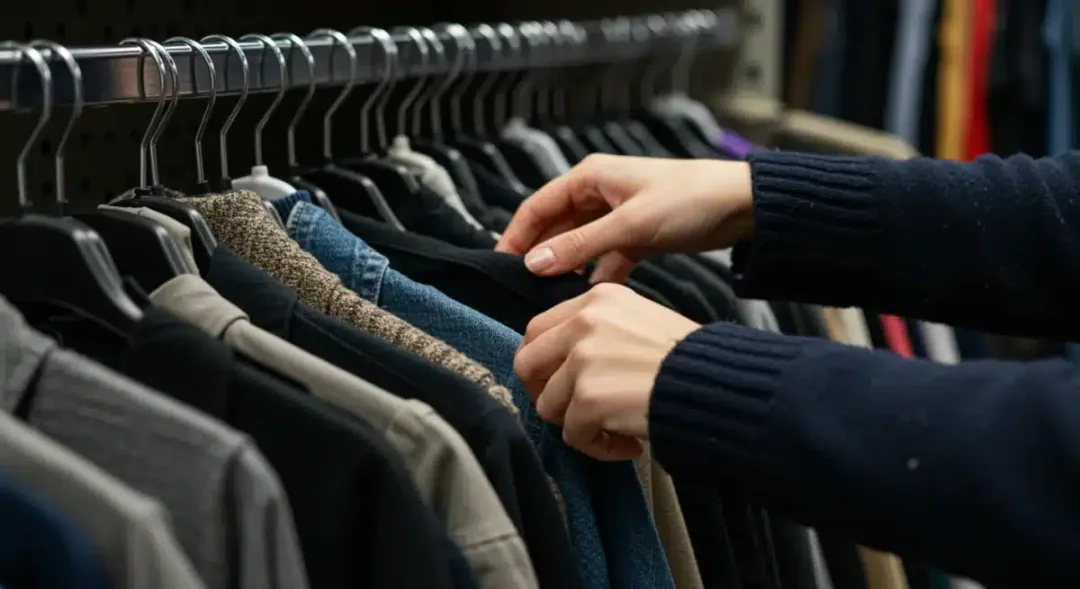Hands browsing through second-hand clothes at a thrift store