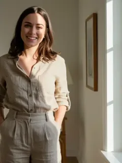 Woman wearing stylish sustainable fashion in a modern apartment