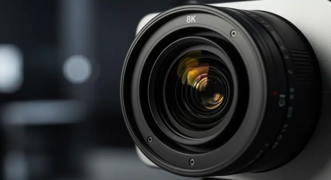Close-up of an advanced 8K projector lens, highlighting optical precision and technology.