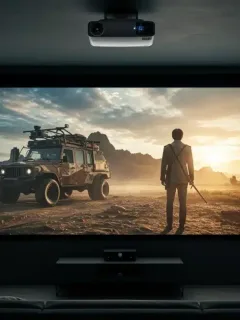 Sleek 8K projector illuminating a sharp, colorful movie on a large screen in a dark home theater.