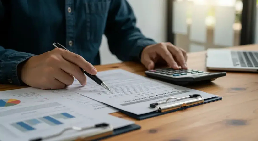 Homeowner reviewing property tax documents and financial statements