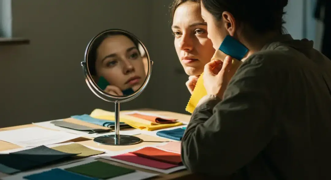 Individual performing a DIY drape test to determine their seasonal color type.
