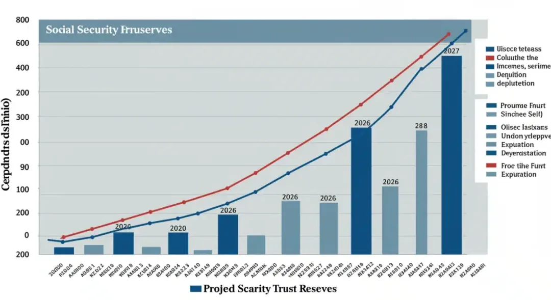 Infographic showing Social Security trust fund depletion timeline and projections.