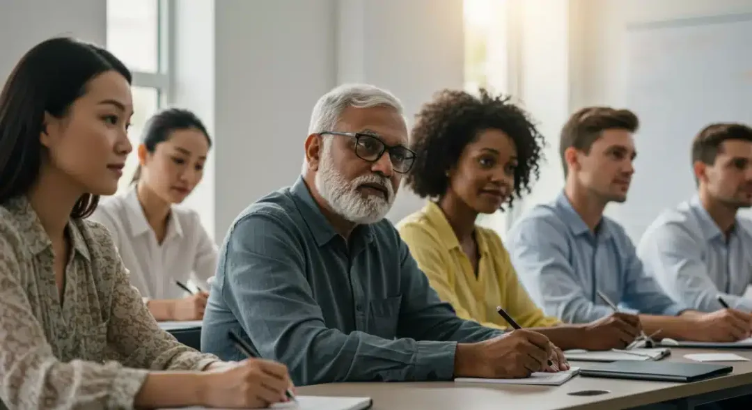 Diverse attendees at a financial planning seminar discussing retirement and Social Security.