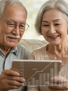 Smiling senior couple reviewing retirement plans on a tablet, symbolizing financial foresight for Social Security changes.