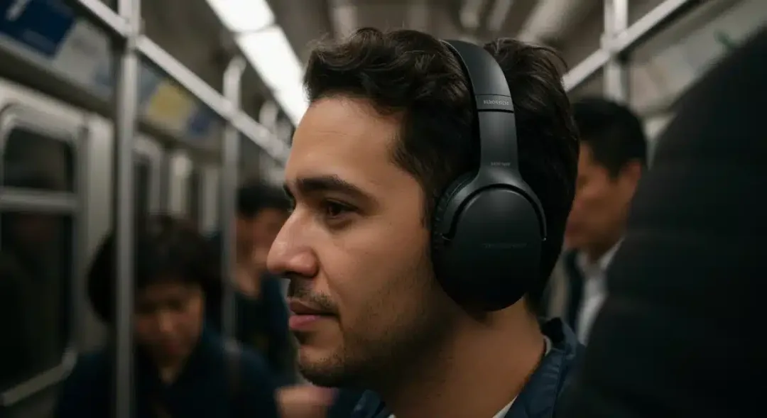 Person wearing noise-canceling headphones on a noisy subway