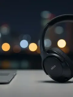 Sleek black noise-canceling headphones on a desk, urban background