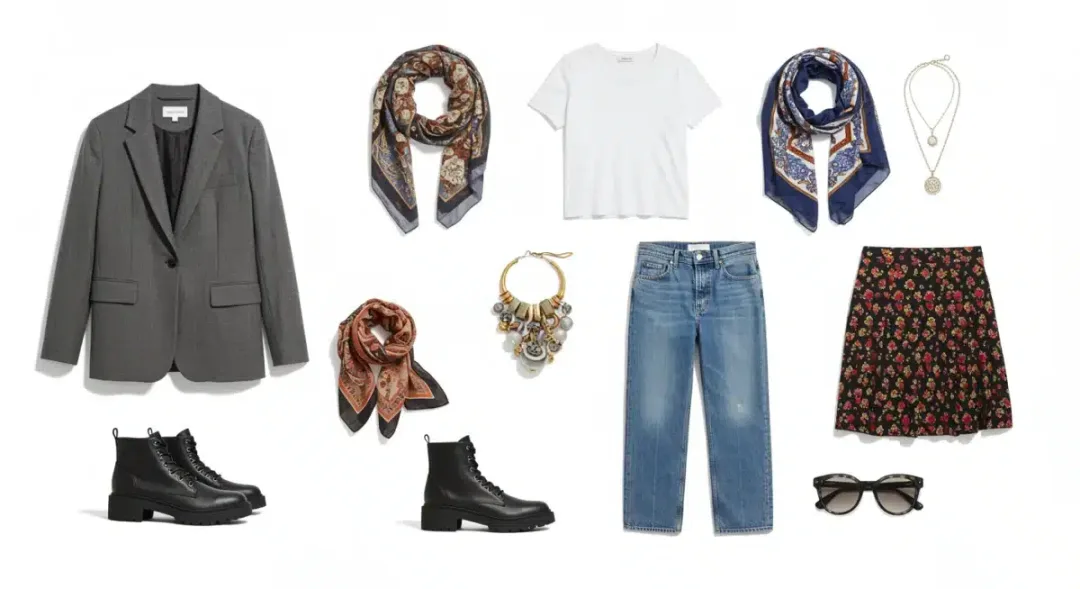 Versatile clothing pieces and accessories laid out for mix and match styling