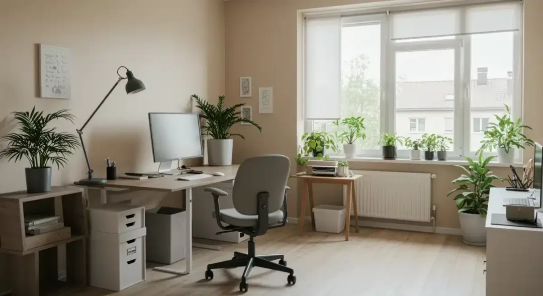 Eco-friendly home office with natural light and plants