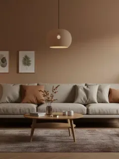 Modern living room with sustainable furniture and smart tech