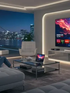 Futuristic living room with 4K TV and advanced streaming devices