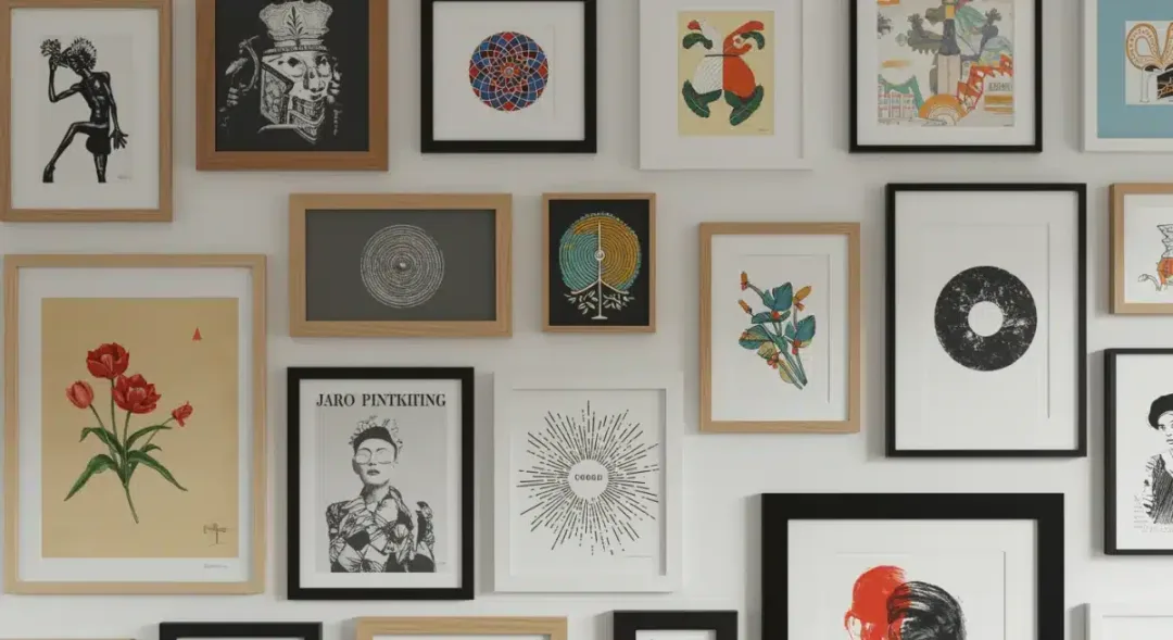 Curated gallery wall with various frames and art prints