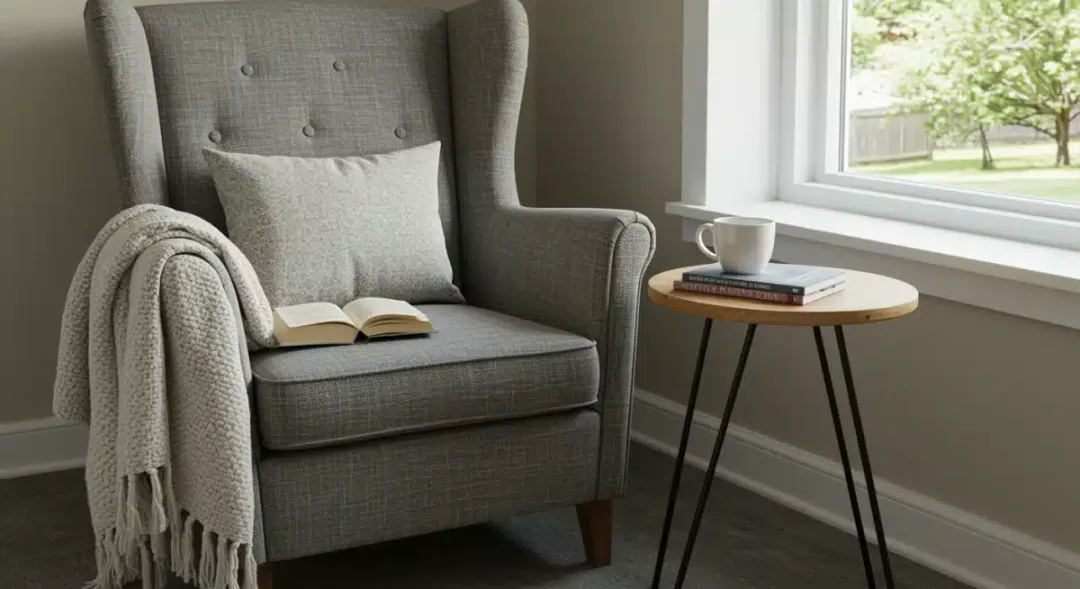 Cozy reading nook with armchair, side table, and blanket