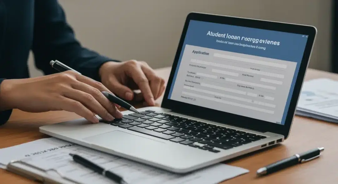 Hands filling out a federal student loan forgiveness application online