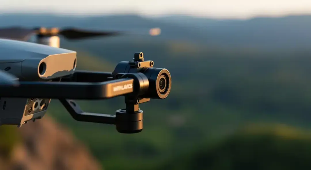 Close-up of a drone camera and gimbal for stable aerial shots.