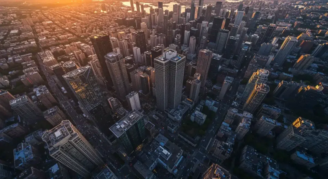 Stunning aerial view of a city skyline at sunset captured by a drone.