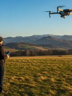 Beginner operating a drone in a scenic field for aerial photography.