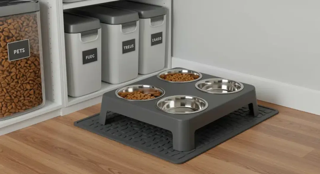 Organized pet feeding station with elevated bowls
