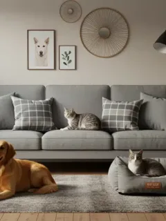 Stylish pet-friendly living room with a golden retriever and cat