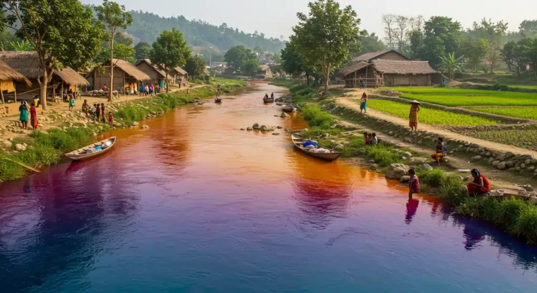 River polluted with bright textile dyes, showcasing water contamination from fast fashion.