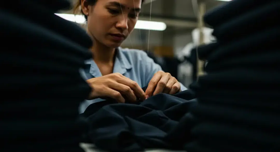 Garment worker's hands sewing in a dimly lit factory, depicting labor conditions in fast fashion.