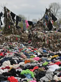 Piles of discarded clothing in a vast landfill, illustrating fast fashion's environmental waste.
