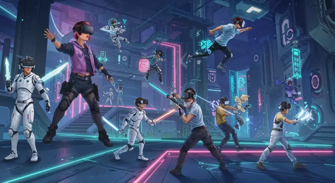 Gamers in haptic suits interacting in a shared virtual reality space