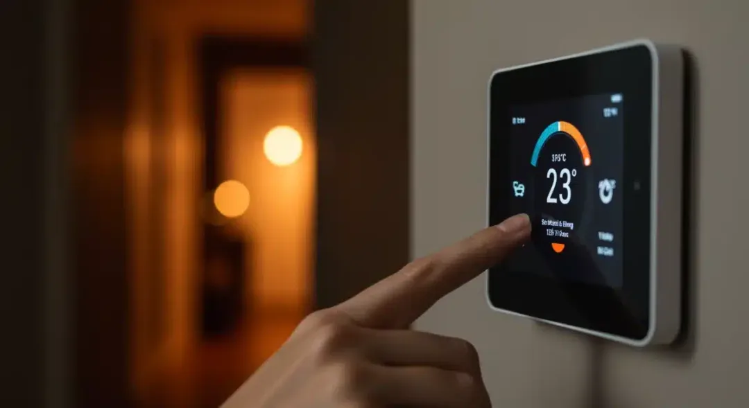 Hand adjusting smart thermostat settings for energy efficiency