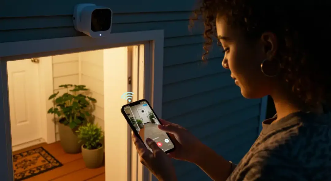 Person checking smart security camera feed on smartphone