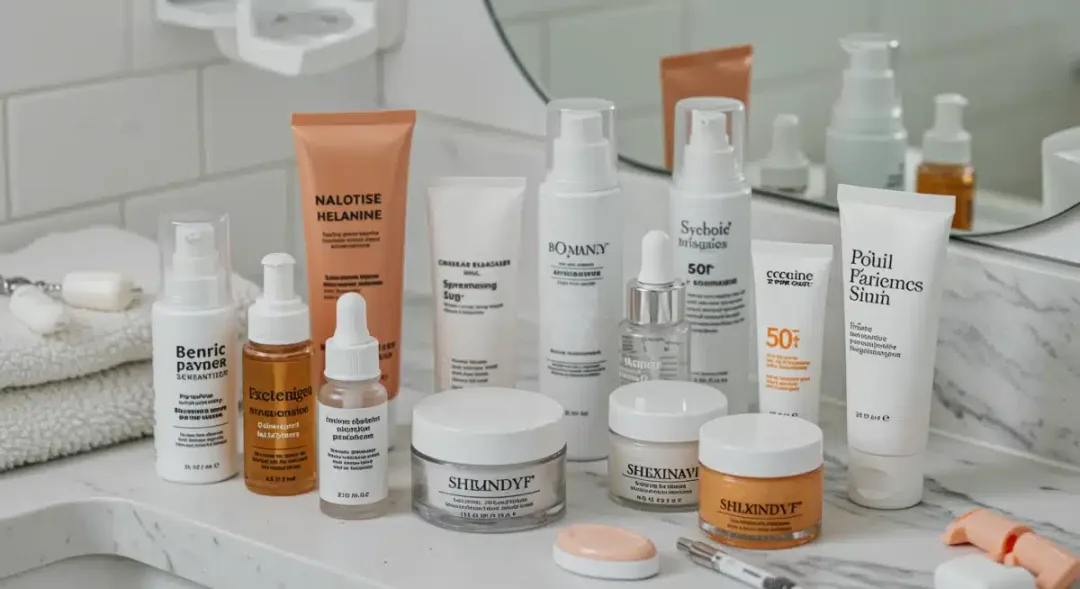 Assortment of skincare products on a vanity, emphasizing routine
