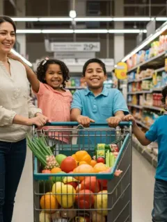 Family shopping for groceries with a full cart, representing food security benefits