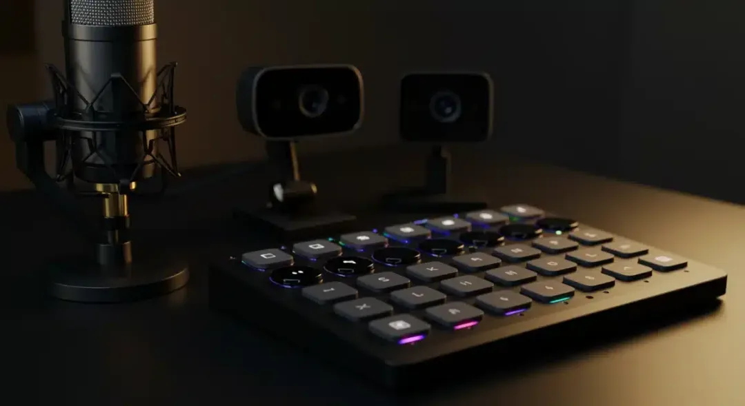 Essential high-quality streaming gear: microphone, webcam, and stream deck.